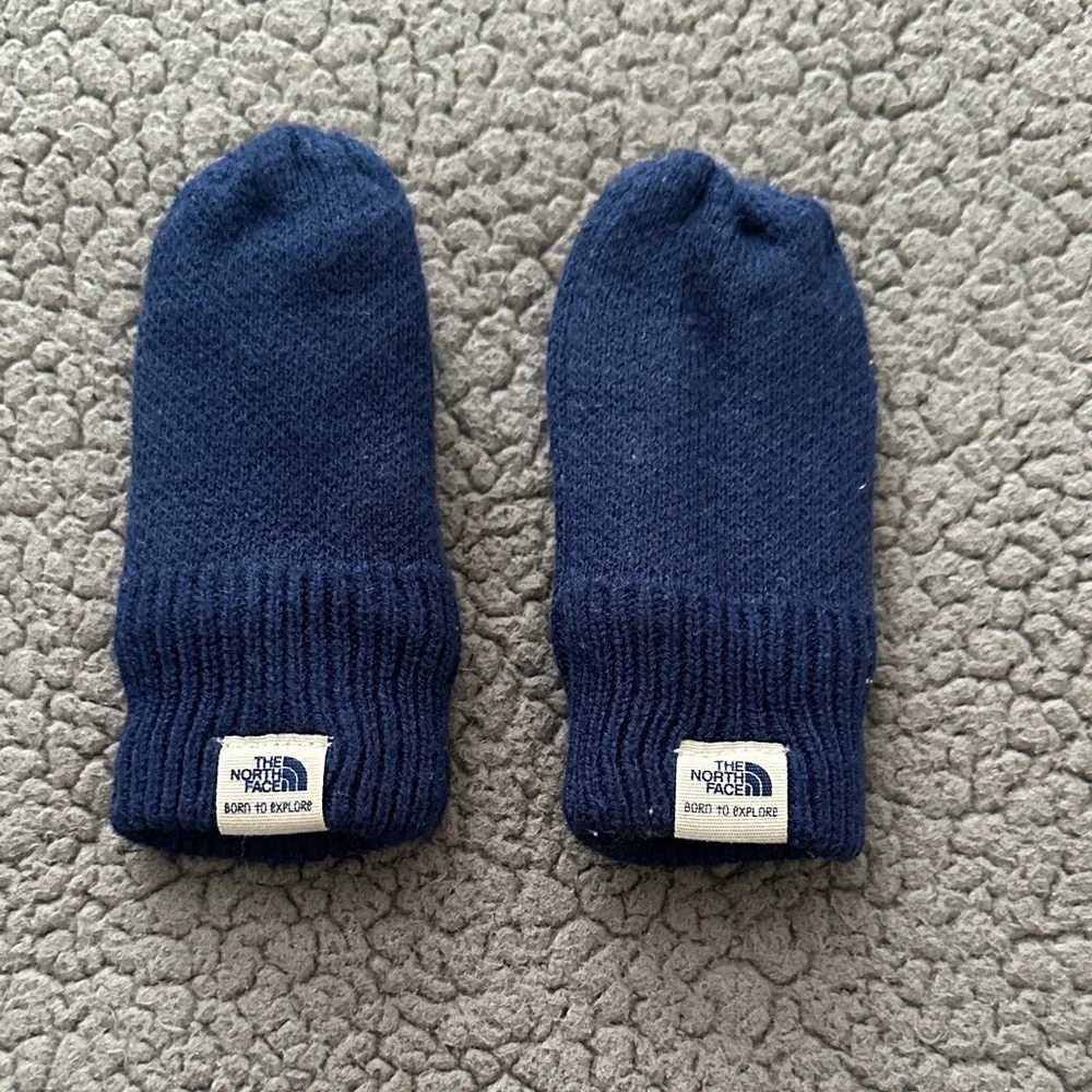 The North Face Kids Navy Blue Mittens with Gold Camera Graphic